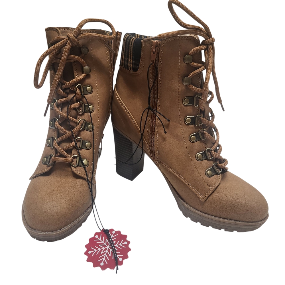 Andiamo Lace-Up Boots Women’s 8.5M Brown Plaid Trim Boho Chic NEW - Picture 6 of 13